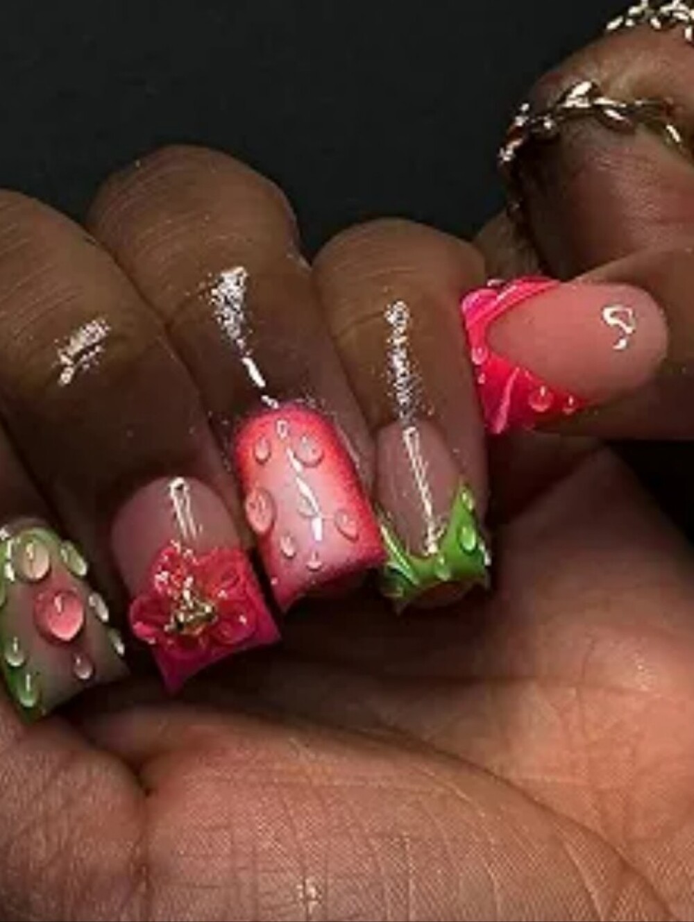 24pcs Sexy Pink & Green Water Droplets Summer Fake Nails